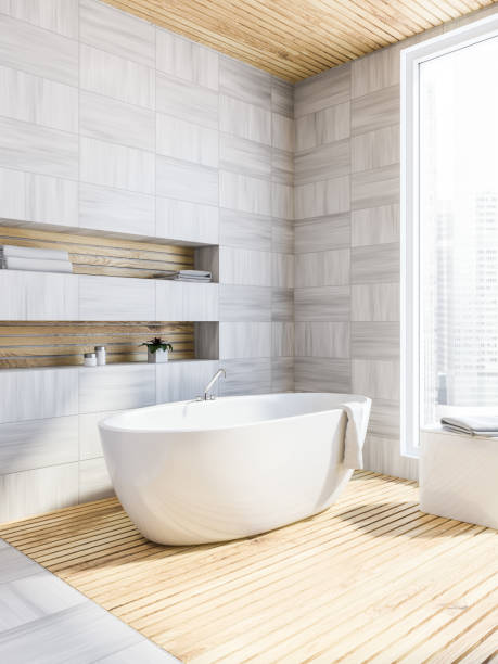 istock White wood bathroom corner, tub 1053970196