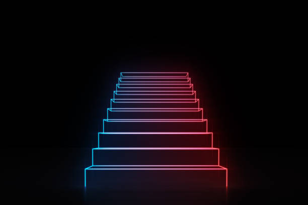 istock Neon red blue stairs going up glowing on black 1053971920
