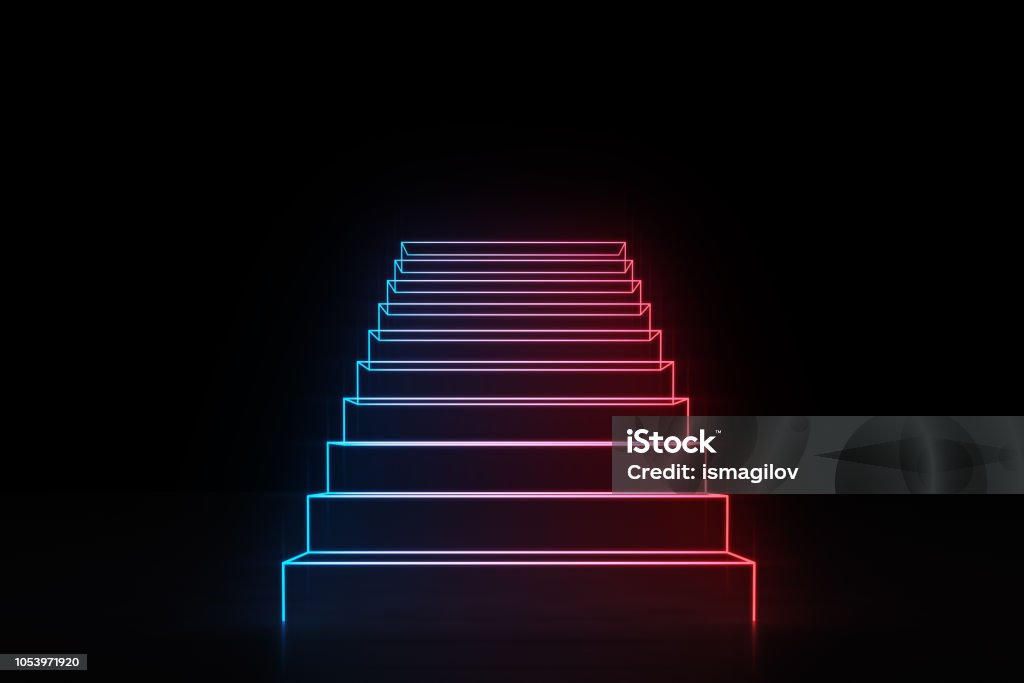 Neon red blue stairs going up glowing on black Glowing neon red and blue stairs sign going up. Concept of a way to success in business, show business and life in general. 3d rendering mock up Staircase Stock Photo