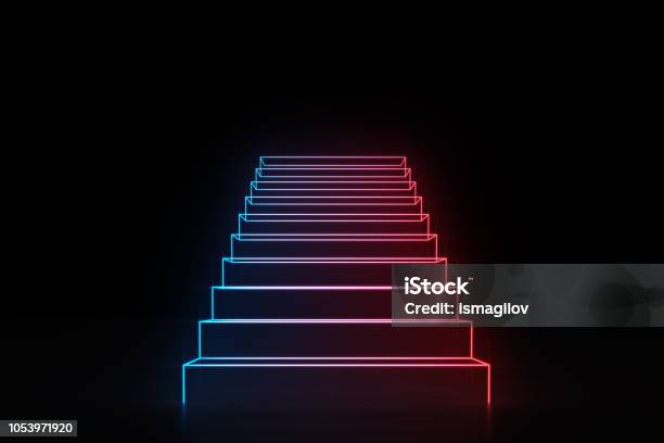 Neon Red Blue Stairs Going Up Glowing On Black Stock Photo - Download Image Now - Staircase, Abstract, Neon Colored