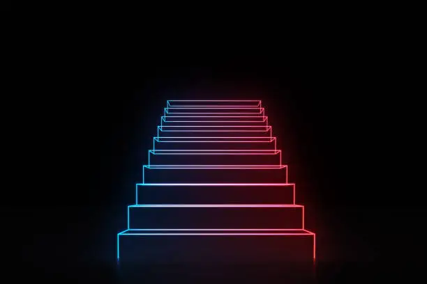 Photo of Neon red blue stairs going up glowing on black