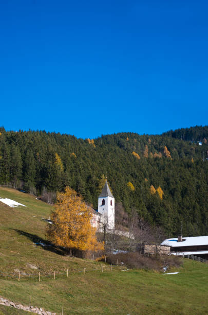 mały kościół górski z topniejącym śniegiem w pobliżu dużego drzewa - melting spring snow trentino alto adige zdjęcia i obrazy z banku zdjęć