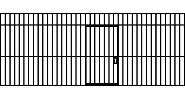 vorderansicht der bars von einer gefängniszelle mit eisenstangen und eine tür auf eine isolierte hintergrund - prison cell illustrations stock-grafiken, -clipart, -cartoons und -symbole