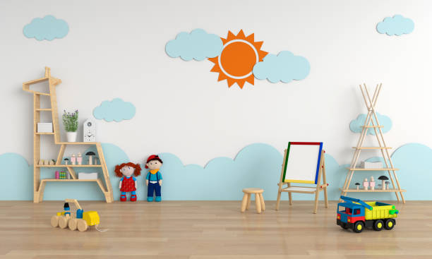 Child room interior for mockup, 3D rendering White child room interior for mockup, 3D rendering playroom stock pictures, royalty-free photos & images