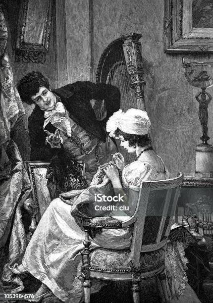 Young Man Talking To A Young Woman In Living Room Stock Illustration - Download Image Now - Zither, 19th Century, 2018