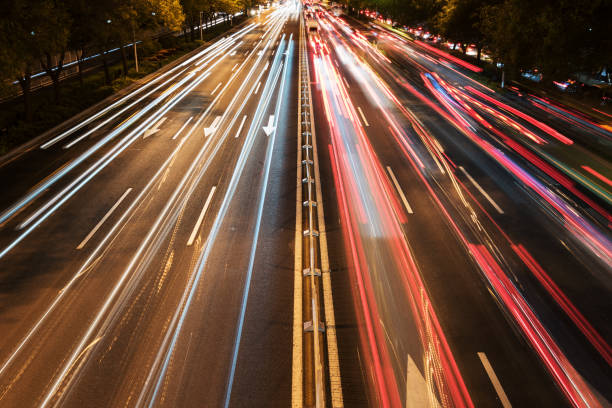 istock Slow door rails on night city road 1053984672