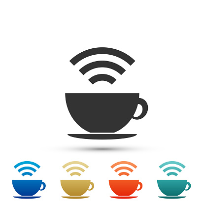 Cup of coffee shop with free Wi-Fi zone icon isolated on white background. Internet connection placard sign. Set elements in colored icons. Flat design. Vector Illustration