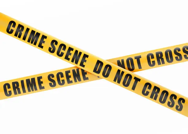 Yellow crime scene do not cross barrier tape isolated on white background.  Horizontal composition with clipping path and copy space.