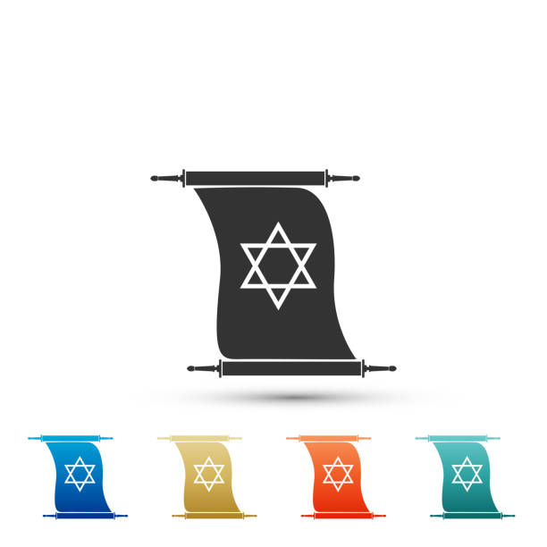 istock Torah scroll icon isolated on white background. Jewish Torah in expanded form. Torah Book sign. Star of David symbol. Simple old parchment scroll. Colored icons. Flat design. Vector Illustration 1053992202
