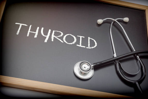 Word thyroid written in chalk on a blackboard black next to a stethoscope, conceptual image Word thyroid written in chalk on a blackboard black next to a stethoscope, conceptual image tyrosine photos stock pictures, royalty-free photos & images