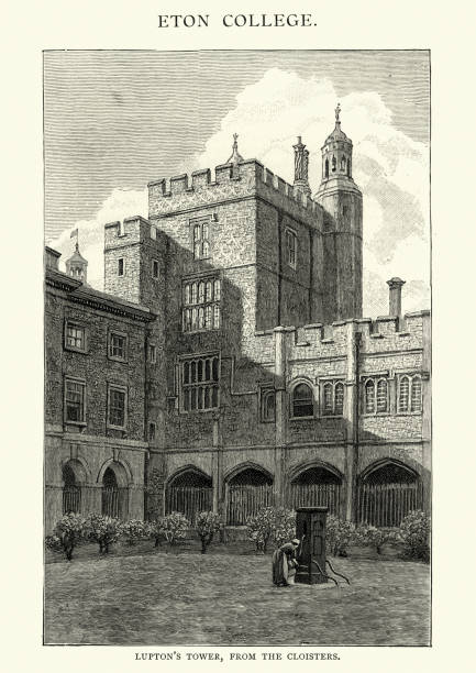Lupton's Tower, Eton College, from the Cloisters, 19th Century Vintage engraving of Lupton's Tower,( built 1514–20) Eton College, from the Cloisters, 19th Century. cloister stock illustrations