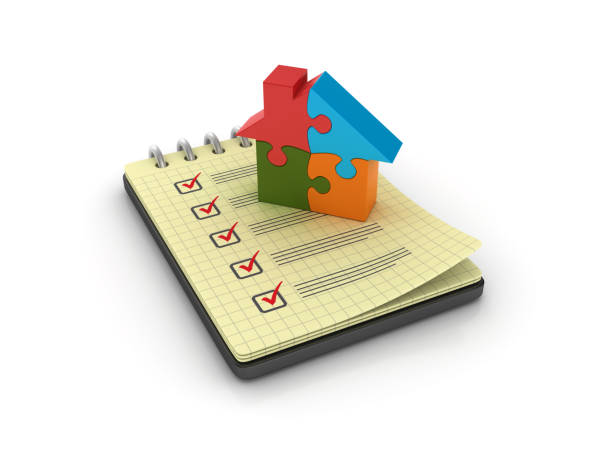 Spiral Note Pad with Check List and House Puzzle - 3D Rendering stock photo