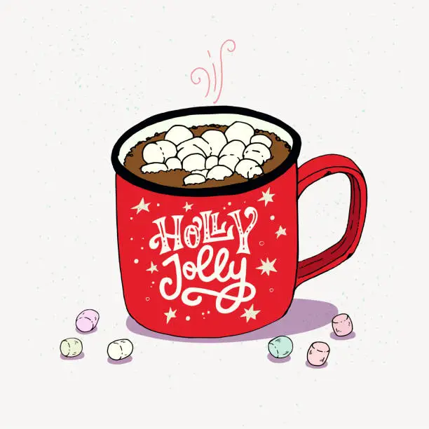 Vector illustration of Holly Jolly lettering and cup of hot chocolate with marshmallows