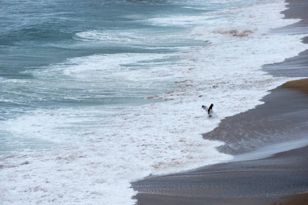 A surfer exits the water at Bells Beach. Located near Torquay in Victoria, Bells Beach is famous for its surfing. The area is part of Australia's Great Ocean Road. (August 2017)