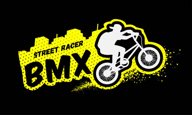 bmx-racer, emblem im grunge-stil. - bmx stock-grafiken, -clipart, -cartoons und -symbole