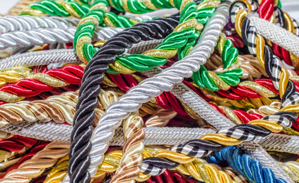 istock Multi-colored braided decorative laces scattered in a mess. Textile manufacture, threads, decor. 1054008454