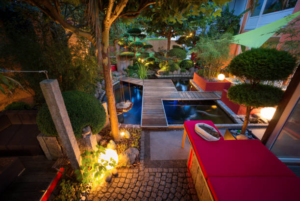 istock Private garden illuminates summer evening 1054009458
