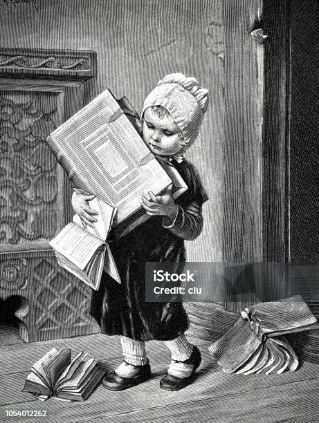 Heavy Science Little Child Carries Heavy Books Stock Illustration - Download Image Now - 19th Century, 2018, Antique