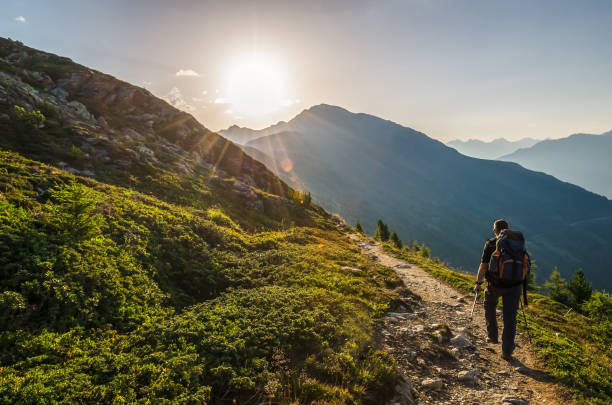 venetberg, österreich - 2. august 2017: einzelne wanderer in den frühen morgenstunden bei sonnenaufgang auf einem trekking pfad in den lechtaler alpen - hiking stock-fotos und bilder