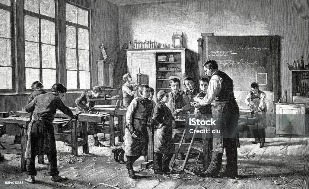 Classroom: lesson in do it yourself manufacturing Illustration from 19th century 19th Century stock illustration