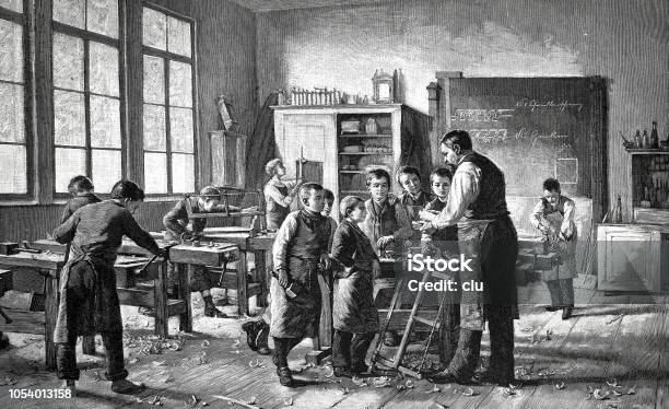 Classroom Lesson In Do It Yourself Manufacturing Stock Illustration - Download Image Now - 19th Century, Engraved Image, Engraving