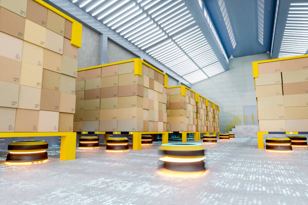 istock Automated robot carriers in modern distribution warehouse 1054015438