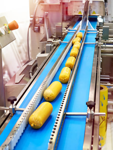kiełbasy na przenośniku taśmowym w fabryce żywności - industrial equipment automated business push button zdjęcia i obrazy z banku zdjęć