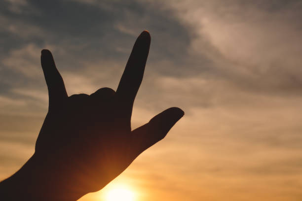 istock Close-Up Of Silhouette Hand Gesturing Against Sky During Sunset 1054016524