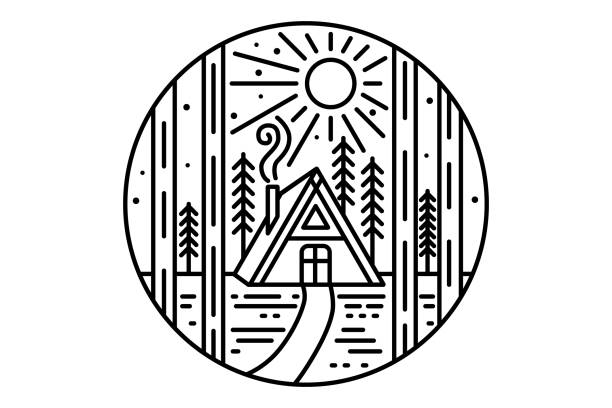 stockillustraties, clipart, cartoons en iconen met houten huis in het bos. houten hut in het bos. lineaire afbeelding - huisje
