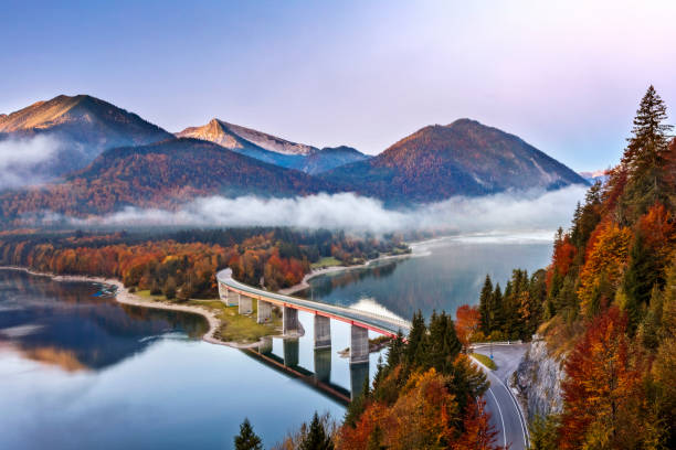 озеро сильвестр - сильвенштейнспейхер в автмуне, сильвенштейнзее, бавария, германия - autumn road landscape mountain стоковые фото и изображения