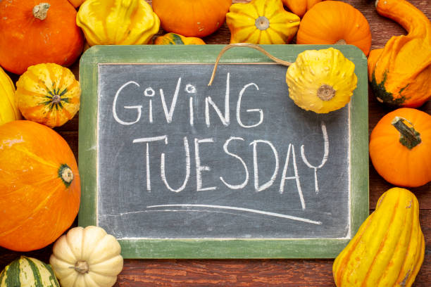 Giving Tuesday blackboard sign Giving Tuesday  - white chalk handwriting on a slate blackboard surrounded by winter squash and gourds giving tuesday stock pictures, royalty-free photos & images