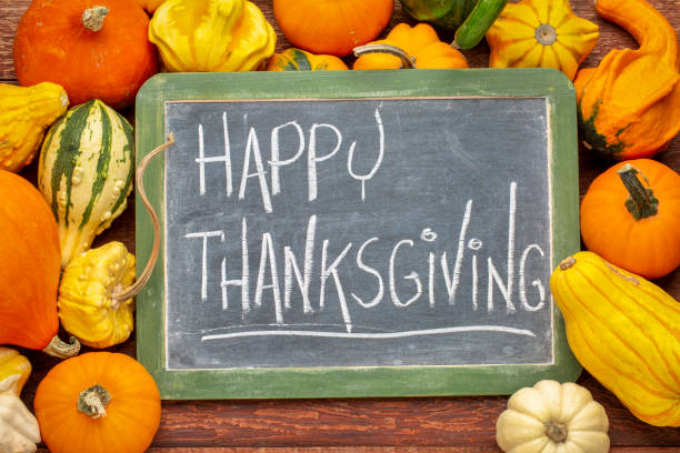 istock Happy Thanksgiving on blackboard with squash 1054048434