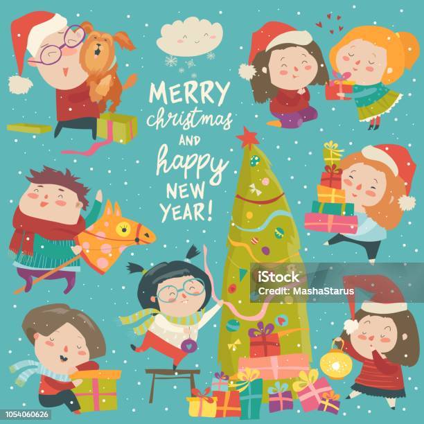 Happy Cartoon Children With Christmas Decor Merry Christmas Stock Illustration - Download Image Now