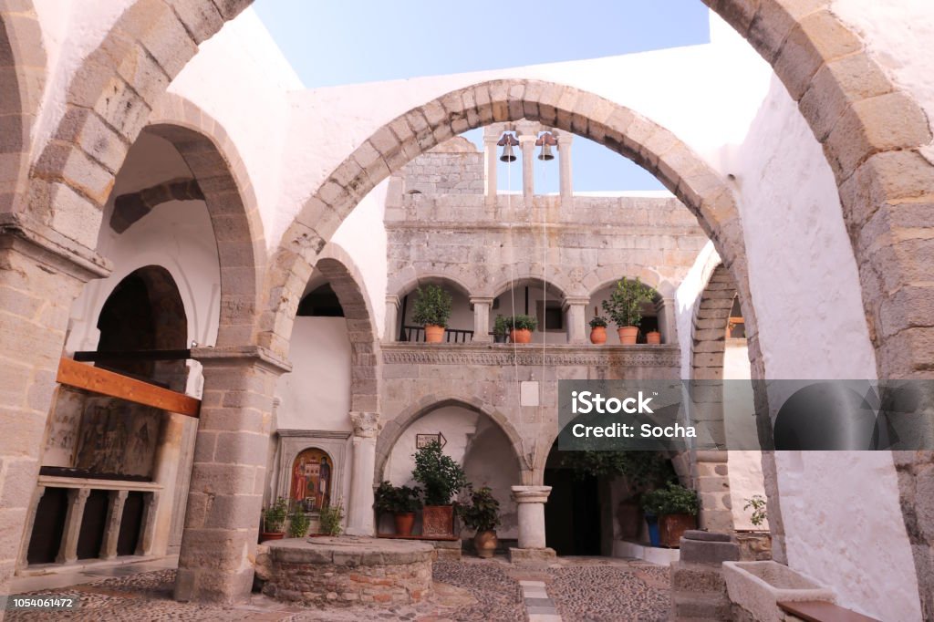 Inside the monastery of Saint John the Theologian in Patmos island, Dodecanese, Greece Church, Patmos, Built Structure, Dodecanese Islands, Famous Place Patmos Stock Photo