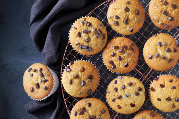 istock Twelve freshly baked choco chip muffins cooling off on wire mesh on dark background, flat layout 1054064290
