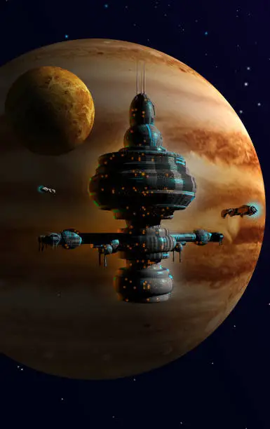 Space station near Jupiter planet, 3d illustration