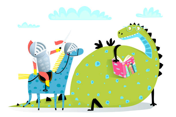 illustrations, cliparts, dessins animés et icônes de lecture livre dragon et chevalier sur attaque de cheval - soldat à cheval