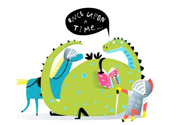 Vector illustration of Reading Book Dragon and Knight Listening to Story