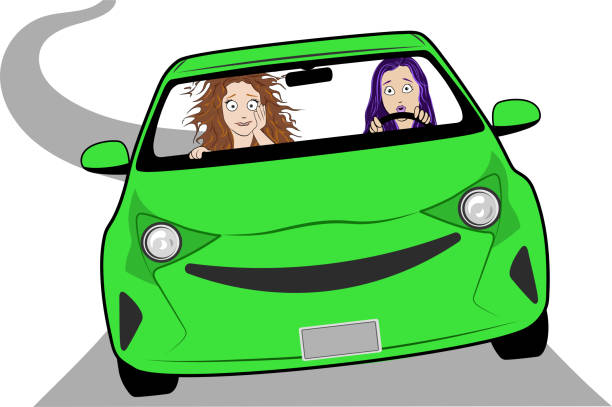 Learning to Drive a Car A young scared looking teenage girl learning how to drive in a bright green car, the passenger is a woman with her hair sticking out, looking distressed. XVI stock illustrations