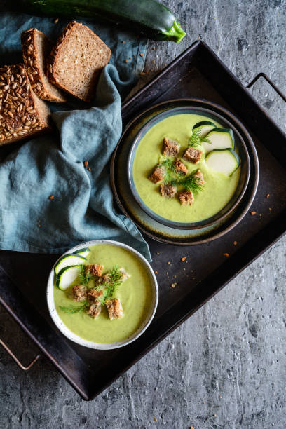 istock Creamy zucchini soup with croutons 1054080190