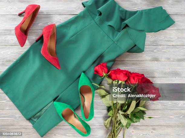 Womens Clothes And Shoes Fashion Outfit For Christmas Evening Night Out  Template For Online Store Website Banners Flat Lay Top Down View Stock  Photo - Download Image Now - iStock