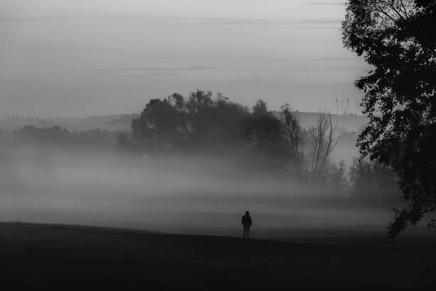 Solitude theme image with the silhouette of a man, standing, alone, in dense mist, in nature, in Germany. Black and white image.