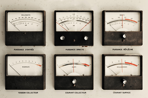 Vintage cabinet electrical meters.