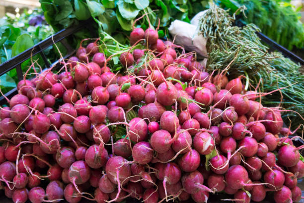 istock Fresh radishes background on the market 1054104562