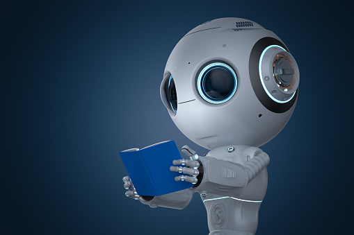 Machine learning concept with 3d rendering cute artificial intelligence robot reads book
