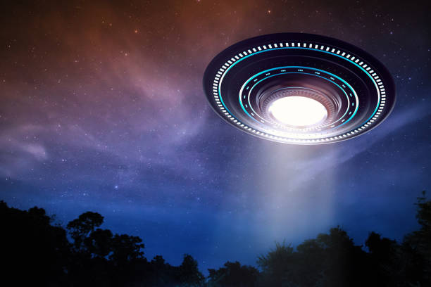 ufo or alien spaceship 3d rendering metal ufo or alien spaceship in the sky ufo stock pictures, royalty-free photos & images