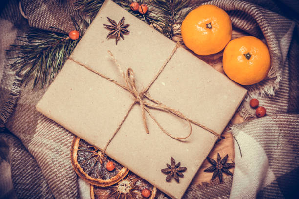 istock Top view of cozy Christmas and winter setting 1054137760