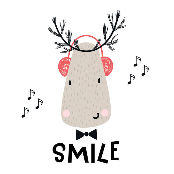 illustrazioni stock, clip art, cartoni animati e icone di tendenza di sorriso - simpatico cervo con cuffie e scritte. poster per bambini disegnati a mano in stile scandinavo. - track headphones music sheet music