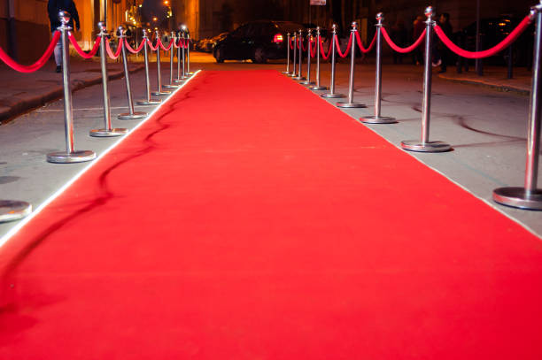 istock Long red carpet between rope barriers on entrance. 1054150096