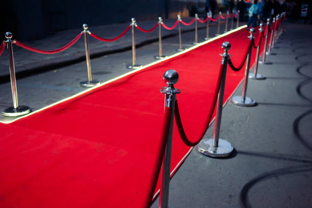 istock Long red carpet between rope barriers on entrance. 1054151672